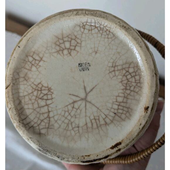 Vintage Japanese Painted Floral Embossed Biscuit Jar Ceramic Wicker Handle - Picture 6 of 12